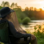Apsauga nuo kraujasiurbių vabzdžių: žmogus su apsauginiu tinkleliu gamtoje