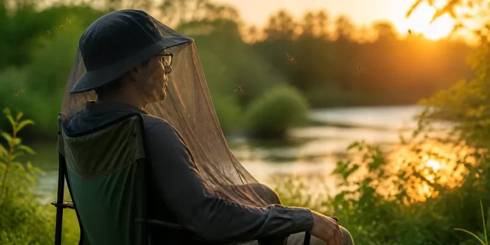 Apsauga nuo kraujasiurbių vabzdžių: žmogus su apsauginiu tinkleliu gamtoje