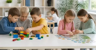Berniukai ir mergaitės užsiėmę skirtinga veikla, iliustruojančia mąstymo ypatumus