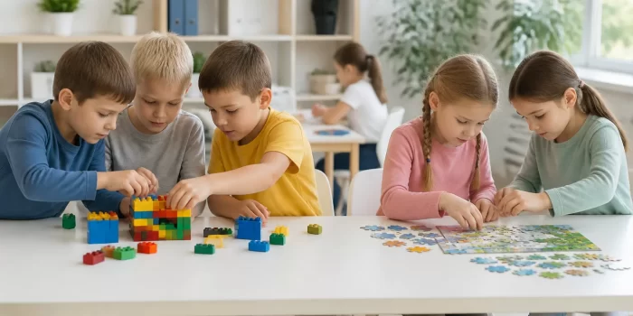 Berniukai ir mergaitės užsiėmę skirtinga veikla, iliustruojančia mąstymo ypatumus