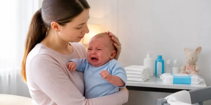 Dažniausi kūdikių negalavimai: mama ramina kūdikį