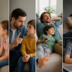Iliustracija, vaizduojanti skirtingus vaikų auklėjimo stilius: autoritetingą, autoritarinį, nuolaidžiaujantį ir atsainų bendravimą tarp tėvų ir vaikų.