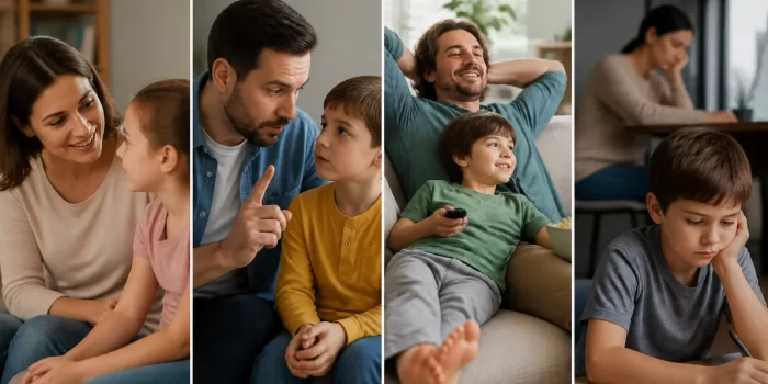 Iliustracija, vaizduojanti skirtingus vaikų auklėjimo stilius: autoritetingą, autoritarinį, nuolaidžiaujantį ir atsainų bendravimą tarp tėvų ir vaikų.