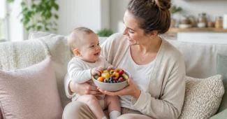 Mama su kūdikiu laiko šviežius vaisius – simbolizuoja sveiką mitybą imuniteto stiprinimui