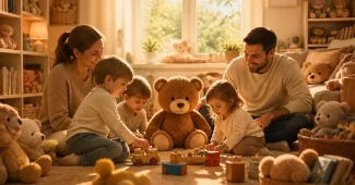 Meškiuko Barnio pasaulis ir mažyliams ir tėveliams: jauki vaikų kambario scena su meškiuku, žaislais ir šeima