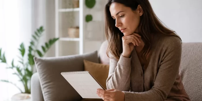 Moteris žiūri į kalendorių, iliustruojanti mėnesinių vėlavimo priežastis