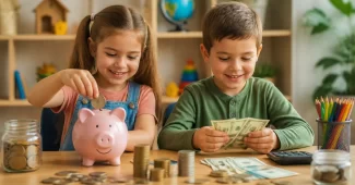 Pinigėnai ugdo vaikų finansinį raštingumą – iliustracija, vaizduojanti vaikus, besimokančius taupyti ir elgtis su pinigais