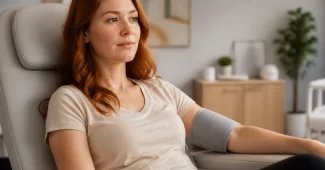 Rudaplaukė moteris, simbolizuojanti skausmo pakėlimą