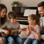 Šeima kartu muzikuoja, vaikai mokosi instrumentų, kūrybiška aplinka meilei muzikai ugdyti