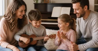 Šeima kartu muzikuoja, vaikai mokosi instrumentų, kūrybiška aplinka meilei muzikai ugdyti