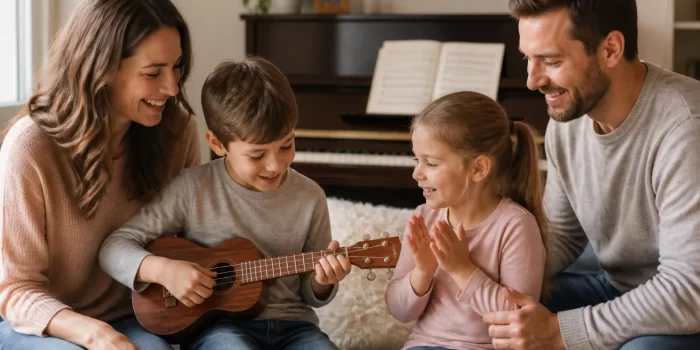 Šeima kartu muzikuoja, vaikai mokosi instrumentų, kūrybiška aplinka meilei muzikai ugdyti