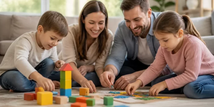 Šeima žaidžia ir mokosi kartu su vaikais ant grindų