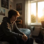 Tas keistas paauglio elgesys: paauglys sėdi ant lovos susimąstęs