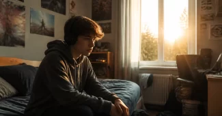 Tas keistas paauglio elgesys: paauglys sėdi ant lovos susimąstęs