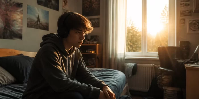 Tas keistas paauglio elgesys: paauglys sėdi ant lovos susimąstęs