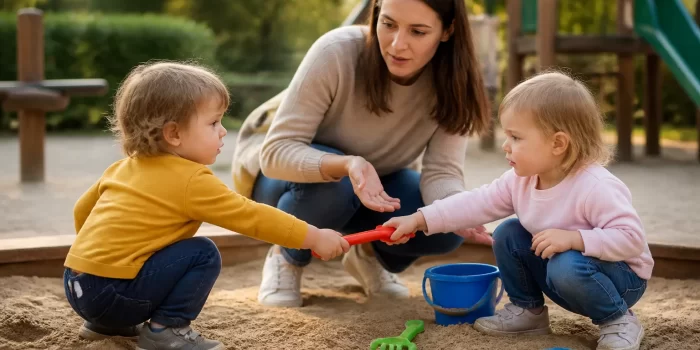 Tėvas ramiai padeda vaikams spręsti konfliktą smėlio dėžėje.