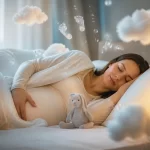 Ką sapnuoja būsimos mamos? Iliustracija, vaizduojanti nėščią moterį sapnų apsuptyje