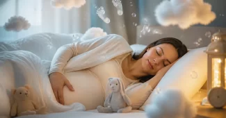 Iliustracija, vaizduojanti nėščią moterį sapnų apsuptyje