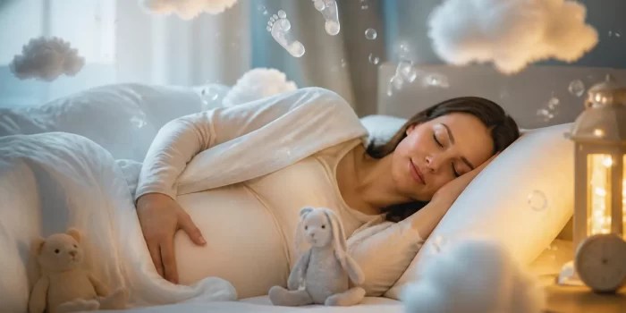 Iliustracija, vaizduojanti nėščią moterį sapnų apsuptyje