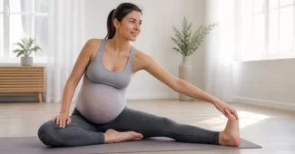 Nėščia moteris atlieka saugią mankštą, pabrėžiant saugumą
