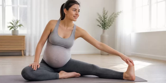 Nėščia moteris atlieka saugią mankštą, pabrėžiant saugumą