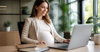 Nėščia moteris dirba prie kompiuterio moderniame biure, šypsosi