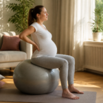 Nėščia moteris sėdinti ant gimnastikos kamuolio ir laikanti už apatinės nugaros dalies, atliekant nugaros skausmo palengvinimo pratimus nėštumo metu.