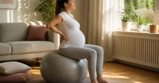 Nėščia moteris sėdinti ant gimnastikos kamuolio ir laikanti už apatinės nugaros dalies, atliekant nugaros skausmo palengvinimo pratimus nėštumo metu.