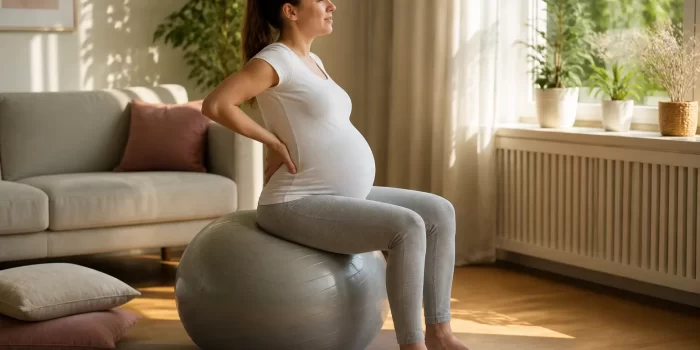 Nėščia moteris sėdinti ant gimnastikos kamuolio ir laikanti už apatinės nugaros dalies, atliekant nugaros skausmo palengvinimo pratimus nėštumo metu.