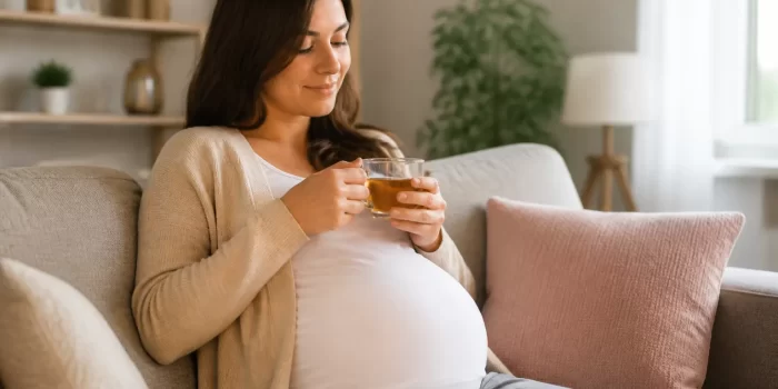 Pykinimas nėštumo metu: moteris gerianti arbatą