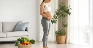 Nėščia moteris stebi savo svorį nėštumo metu, aplinkoje sveikas maistas.