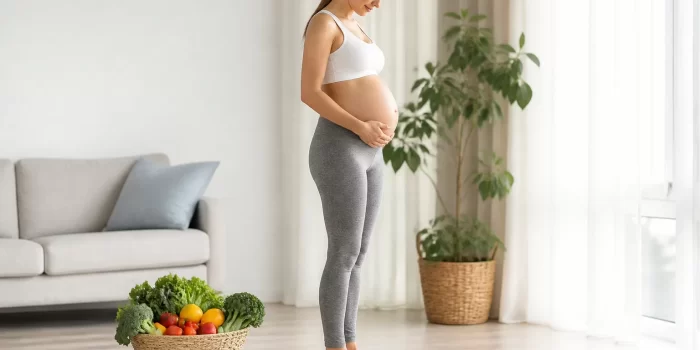 Nėščia moteris stebi savo svorį nėštumo metu, aplinkoje sveikas maistas.
