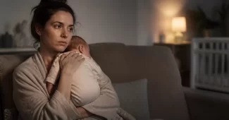 Moteris, kenčianti nuo depresijos pagimdžius, sėdi su kūdikiu namų aplinkoje