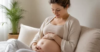 Moteris liesčianti pilvuką po gimdymo