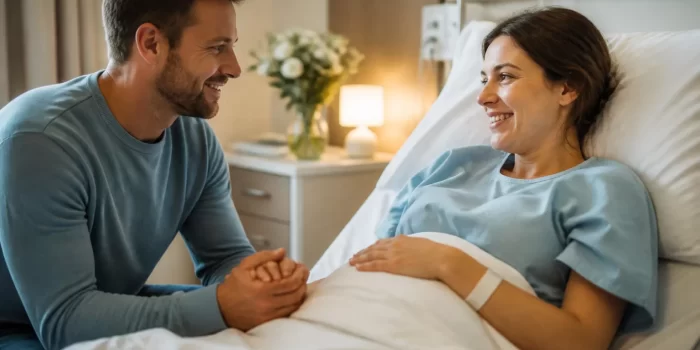 Tėtis palaiko partnerę gimdymo metu, laikydamas ją už rankos
