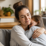 Mamos džiaugsmai ir vargai iliustracija: mama laiko vaiką, jausdamasi ir laiminga, ir pavargusi.