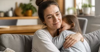 Mamos džiaugsmai ir vargai iliustracija: mama laiko vaiką, jausdamasi ir laiminga, ir pavargusi.
