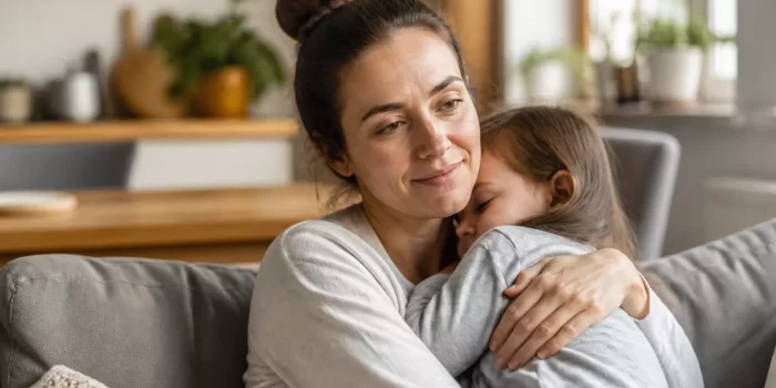 Mamos džiaugsmai ir vargai iliustracija: mama laiko vaiką, jausdamasi ir laiminga, ir pavargusi.