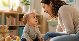 Mama bendrauja su mažu vaiku, skatindama kalbos raidą