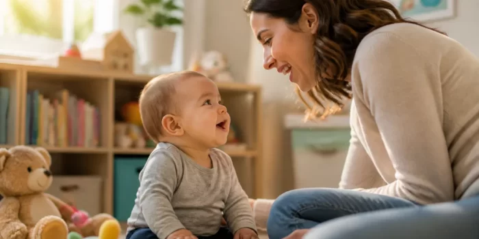 Mama bendrauja su mažu vaiku, skatindama kalbos raidą
