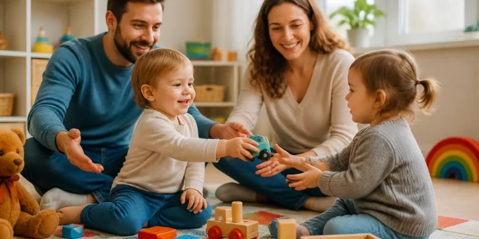 Vaikai besidalinantys žaislais, tėvams padedant