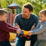 Kaip padėti vaikui valdyti konfliktą Konfliktą patiriantis vaikas žaidimų aikštelėje, tėvai padeda jam valdyti emocijas ir rasti sprendimą