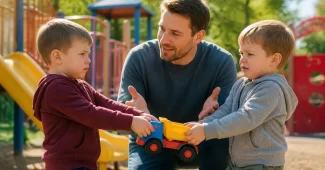 Konfliktą patiriantis vaikas žaidimų aikštelėje, tėvai padeda jam valdyti emocijas ir rasti sprendimą