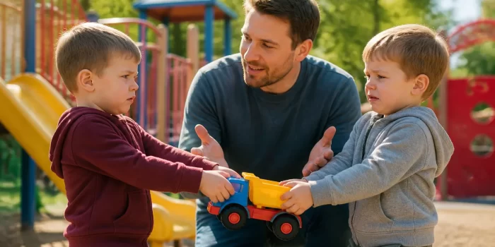 Konfliktą patiriantis vaikas žaidimų aikštelėje, tėvai padeda jam valdyti emocijas ir rasti sprendimą