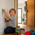 Tėvas stebi ikimokyklinuką, piešiantį ant sienos
