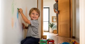Tėvas stebi ikimokyklinuką, piešiantį ant sienos