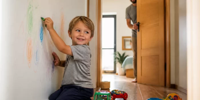 Tėvas stebi ikimokyklinuką, piešiantį ant sienos