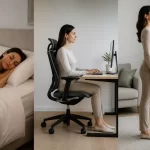 Kokios pozos geriausios? Iliustracija, vaizduojanti geriausias kūno pozas miego, sėdėjimo ir stovėjimo metu