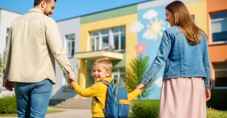Vaikas su kuprine ir tėvais eina link darželio, simbolizuojantis pasiruošimą darželio lankymui.