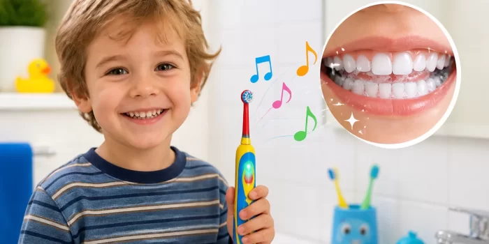 Vaikas valosi dantis spalvingu dainuojančiu šepetėliu, šalia matyti muzikinės natos, simbolizuojančios smagų burnos higienos procesą.